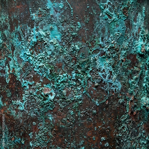 Macro view of weathered dark metal pipe with turquoise copper patina rust