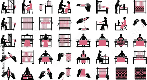 Textile Weaving Process Icons Set: People Operating Looms and Crafting Fabric