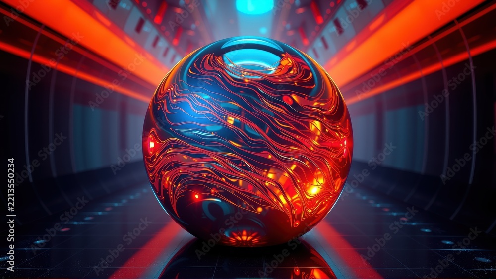 Fototapeta premium Glowing sphere dominates dark futuristic space. Red, blue light patterns swirl within reflective surface. Intense illumination creates dramatic effect.