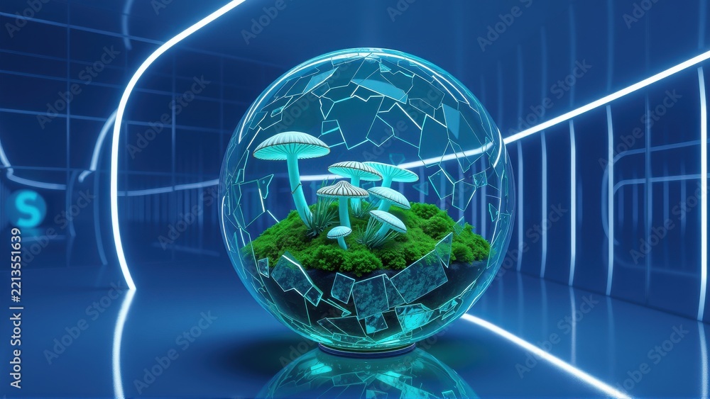 Fototapeta premium Glowing sphere contains moss, mushrooms. Futuristic tunnel surrounds it. Blue neon lights illuminate scene. Minimalist composition.
