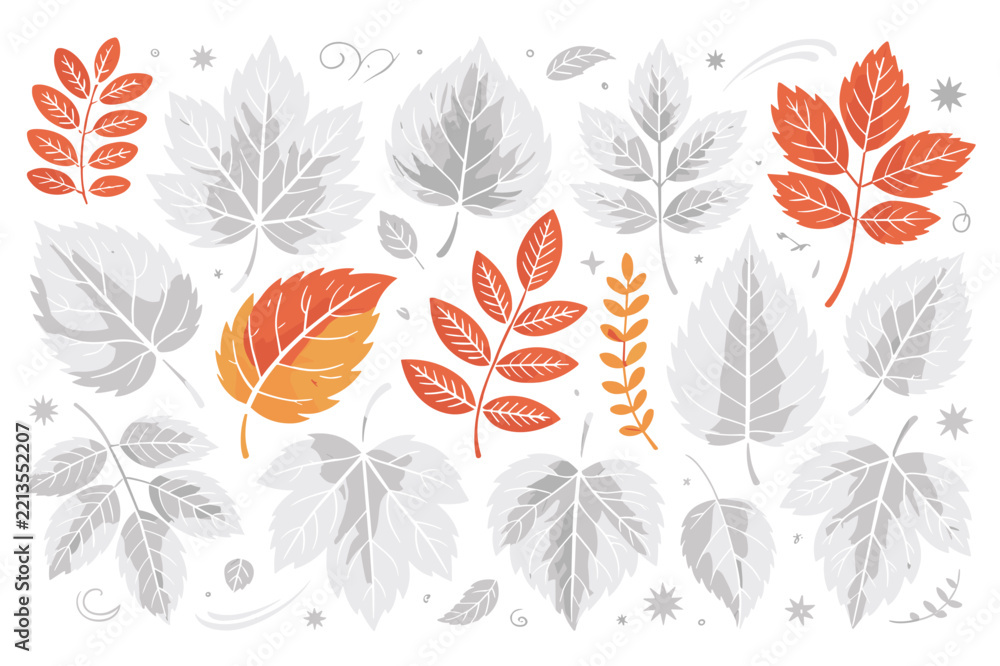 Fototapeta premium Set of hand drawn autumn leaves in orange and grey colors on a white background