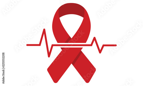 Red ribbon and heartbeat line icon symbol. Medical health awareness and disease prevention vector.