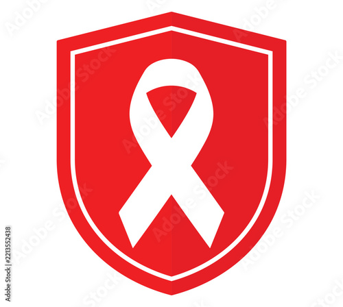 HIV awareness ribbon inside shield vector icon. Features red protection emblem and white solidarity symbol. Flat graphic for health campaign.
