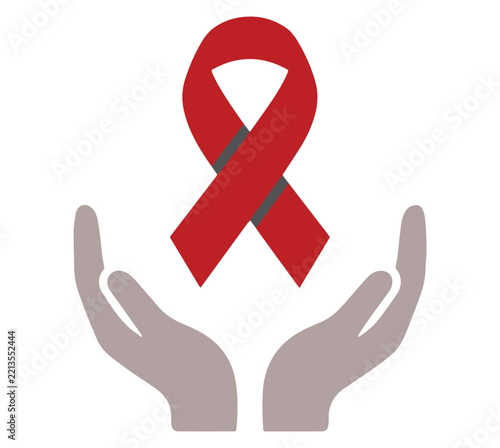 Red awareness ribbon held gently in open hands vector illustration. Medical symbol for health campaign and support.