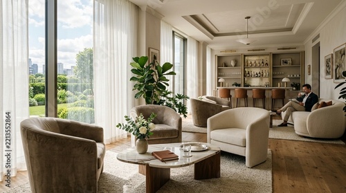 Modern Living Room with Bar and City View