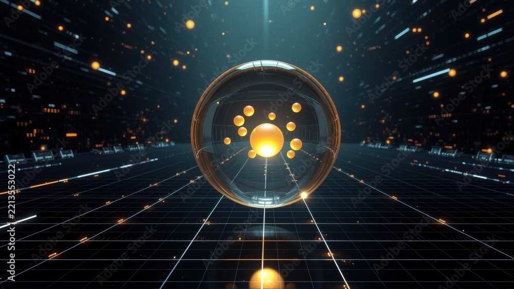 Fototapeta premium Futuristic scene. Glowing sphere contains smaller orbs. Grid extends into darkness, illuminated by light streaks. Digital atmosphere.