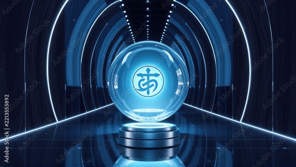 Fototapeta premium Futuristic tunnel focuses on glowing sphere. Blue light dominates scene, creating dramatic effect. Minimalist design emphasizes central object.