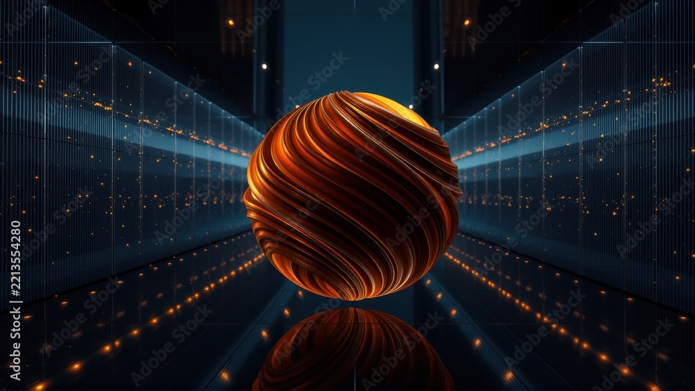 Fototapeta premium Striking sphere reflects within futuristic tunnel. Warm tones contrast cool blues, creating dynamic visual effect. Symmetry dominates composition.
