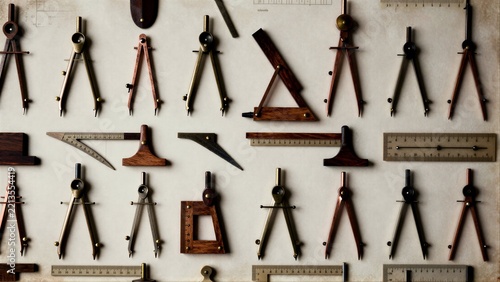Arranged compasses and rulers on a clean, minimalist surface.