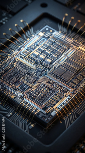 Circuit board graphic element with intricate microchip design for