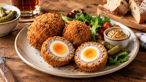 Traditional British Scotch Eggs Served With Mustard And Pickles