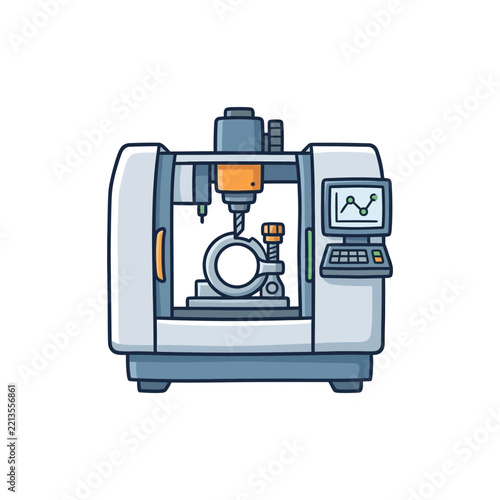 A stylized illustration of an industrial CNC milling machine processing a metal component.