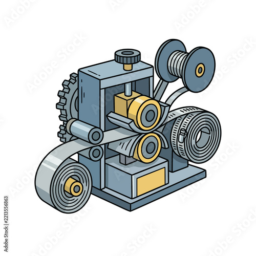 Industrial metal rolling machine processing a long strip of sheet metal in a factory.