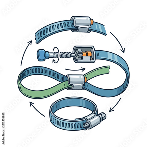Illustration showing the assembly process of a metal hose clamp for industrial use.