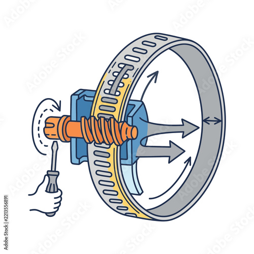 Illustration showing a hand using a screwdriver to tighten a metal hose clamp.