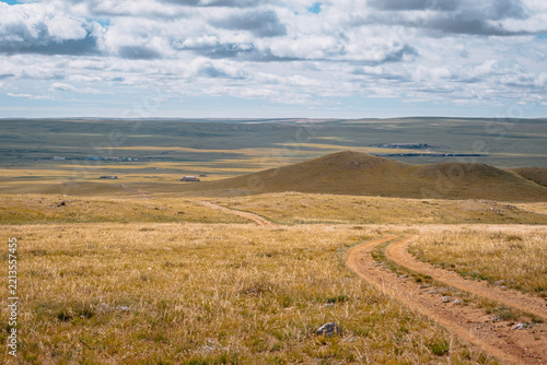 Obraz na plátně Dirt track winding through the vast Mongolian steppe under a dramatic cloudy sky