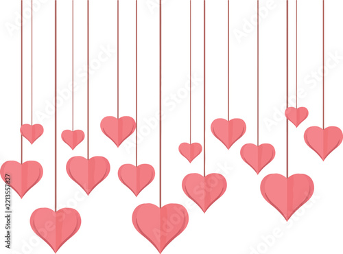 Pattern of hanging pink hearts on white background