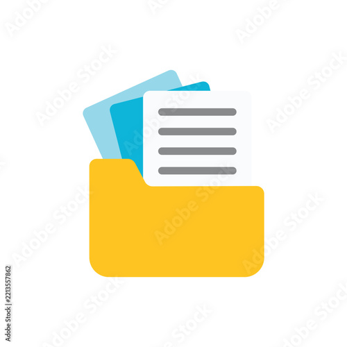 Yellow office file folder flat icon. Vector illustration of document management with stacked colorful paper sheets isolated on a white background. File organization concept