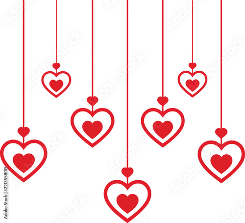 Red outline hearts with inner hearts hanging on red strings against white background