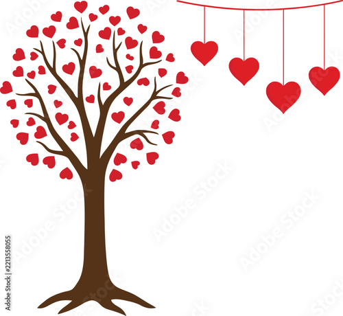 Stylized tree with red hearts and hanging hearts on white background