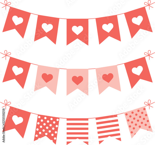 Three rows of coral and pink heart-shaped bunting flags with patterns