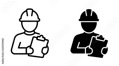 Set of construction worker icons with clipboard in outline and solid styles.