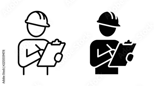 Vector icons of a construction worker wearing a hard hat and writing on a clipboard.