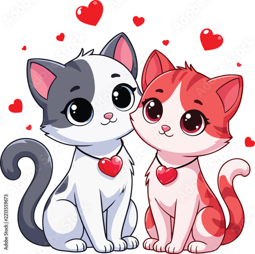 Two adorable cartoon kittens with red hearts and big eyes keywords: cats, kittens, love, hearts