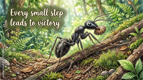 Ant carrying nut uphill in forest, symbolizing perseverance and achieving goals