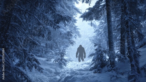 bigfoot walk in a foggy winter forest landscape
