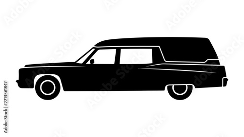 Classic Hearse Silhouette: A stark black silhouette of a classic hearse, symbolizing finality and solemn passage, stands in stark contrast against a clean background.