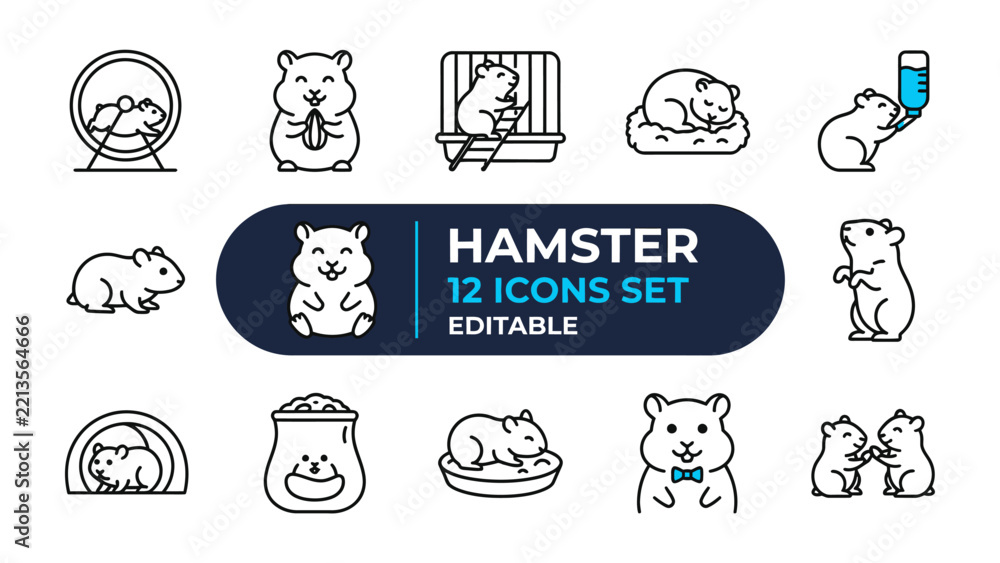 Fototapeta premium Hamster Icon Set: A collection of twelve editable line art icons depicting various activities of a hamster, including running on a wheel, eating, sleeping, and drinking.