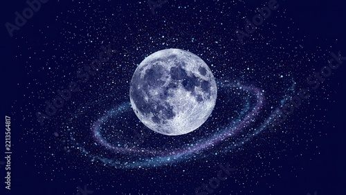 Full Moon with Glowing Cosmic Rings in Space
