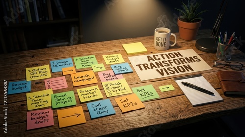 Action transforms vision - planning and strategy with sticky notes and coffee on a wooden desk