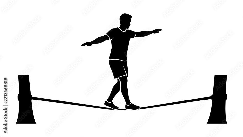 Fototapeta premium Tightrope walker silhouette: A solo figure skillfully balances on a tightrope stretched between two poles, showcasing concentration and precision.