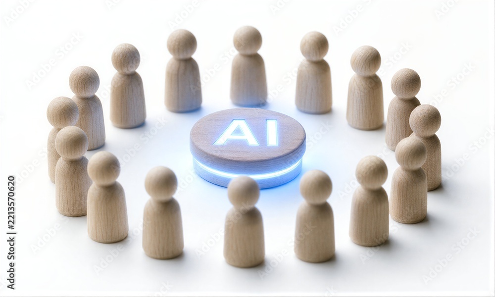 Obraz premium Wooden figures surround a glowing AI symbol, representing human-AI collaboration.