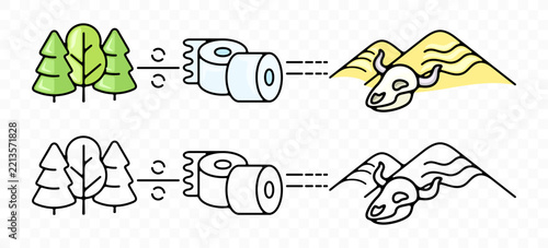 Environmental flat vector illustration of a symbolic equation. Forest divided by toilet paper rolls equals sand dunes and a horned animal skull, representing the problem of deforestation and wildlife 
