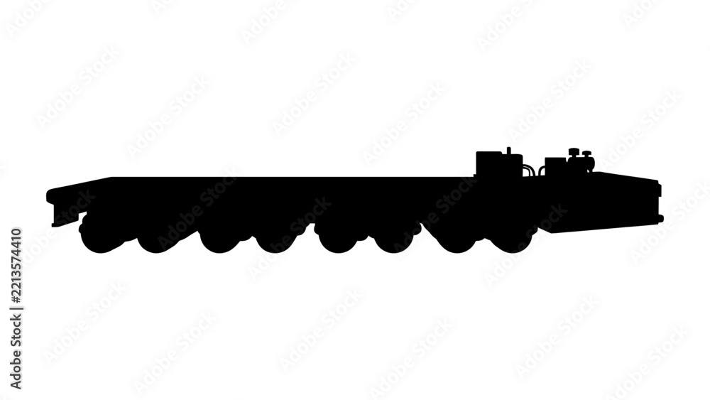 Fototapeta premium Heavy Duty Trailer Silhouette: A stark black silhouette of a heavy-duty trailer with multiple axles is captured against a clean white background, emphasizing its powerful and robust structure.