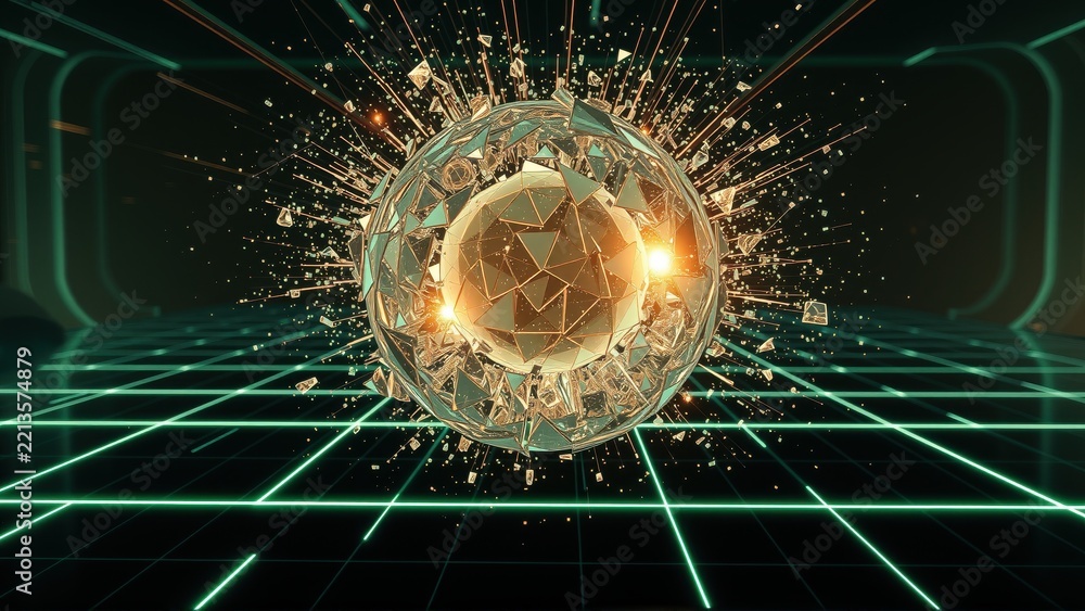 Fototapeta premium Digital sphere shattering. Glowing lines create futuristic tunnel effect. Dramatic impact, energy release visible. Abstract, vibrant scene.