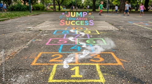 Children playing hopscotch in a park, jumping towards success with colorful chalk drawings