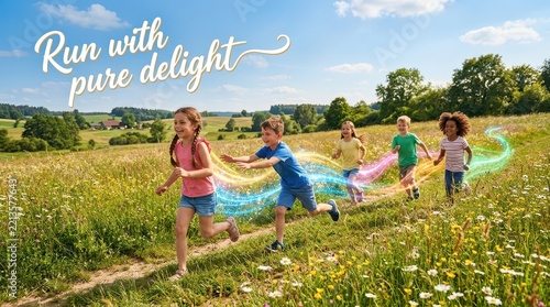 Children running joyfully through a sunlit meadow with colorful light trails