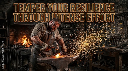Blacksmith forging metal with hammer and anvil, sparks flying in a rustic workshop