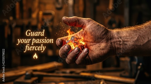 Blacksmith's hand holding glowing embers, symbolizing passion and fiery dedication in workshop