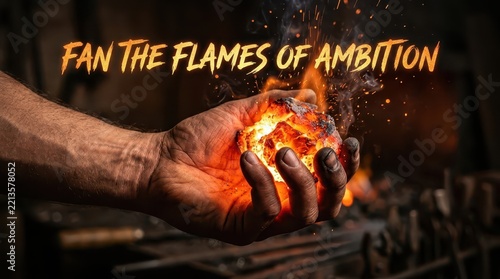 Blacksmith's hand holding glowing hot coal with flames and sparks in a forge