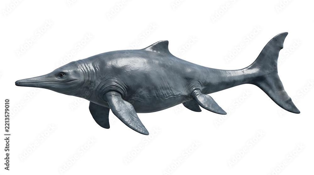 Obraz premium Detailed studio shot of a grey Ichthyosaur model, a prehistoric marine reptile, isolated on a clean white background.