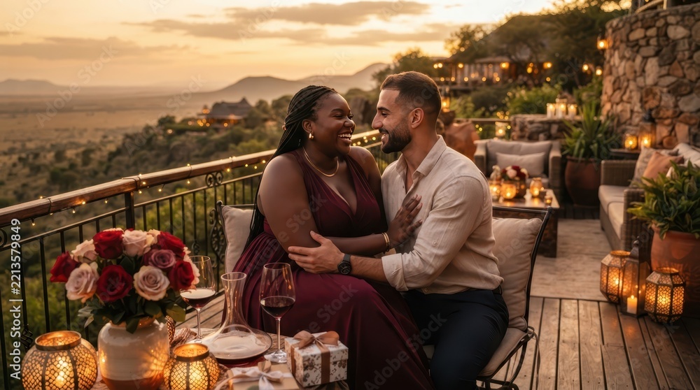 Fototapeta premium Happy couple sharing a romantic dinner on a scenic terrace during a beautiful golden sunset
