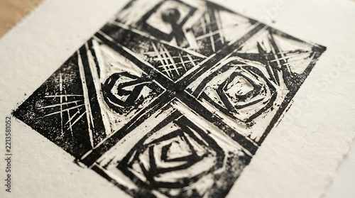Black and white linocut print on textured handmade paper