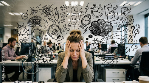 Stressed Woman in Office with Overwhelmed Thoughts Illustrated