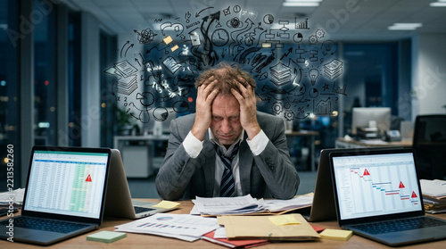 Stressed businessman overwhelmed with tasks and deadlines, mental overload at work