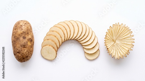 Raw unpeeled potato tuber alongside overlapping circular slices and handcrafted pleated garnish on white background    